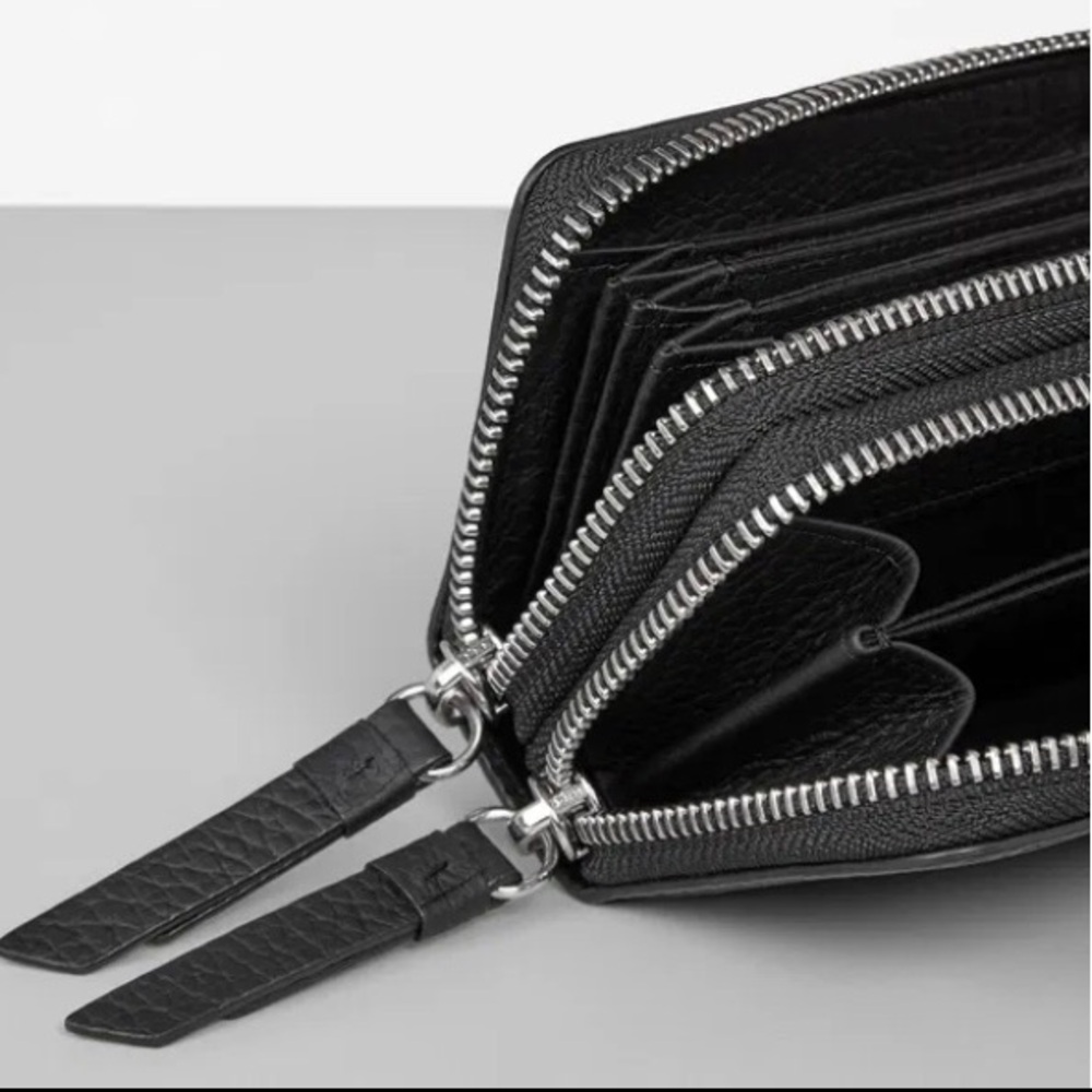 All Saints Black Leather Compact Zip Wallet